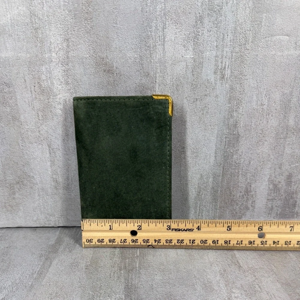 English Leather Green Suede Zip Around Card Holder Wallet Gold Corners Vintage